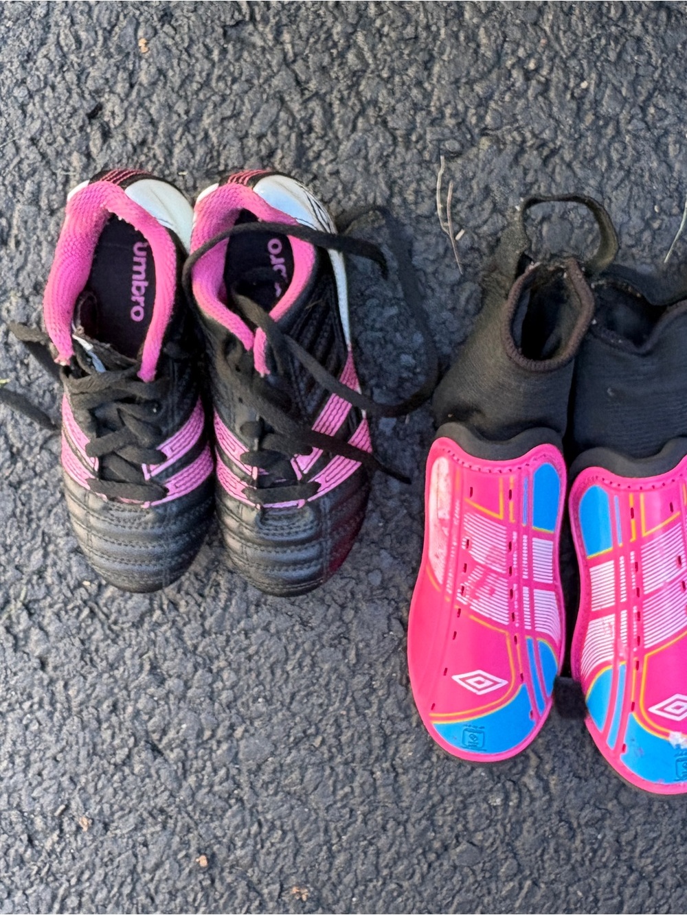 Umbro Kids Black and Pink Soccer Cleats with Pink Shin Guards